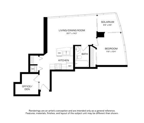 Floor plan for 1 bed, 1 bath, 650 sqft